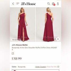 JJs House Burgundy One-Shoulder Ruffle Chiffon Gown